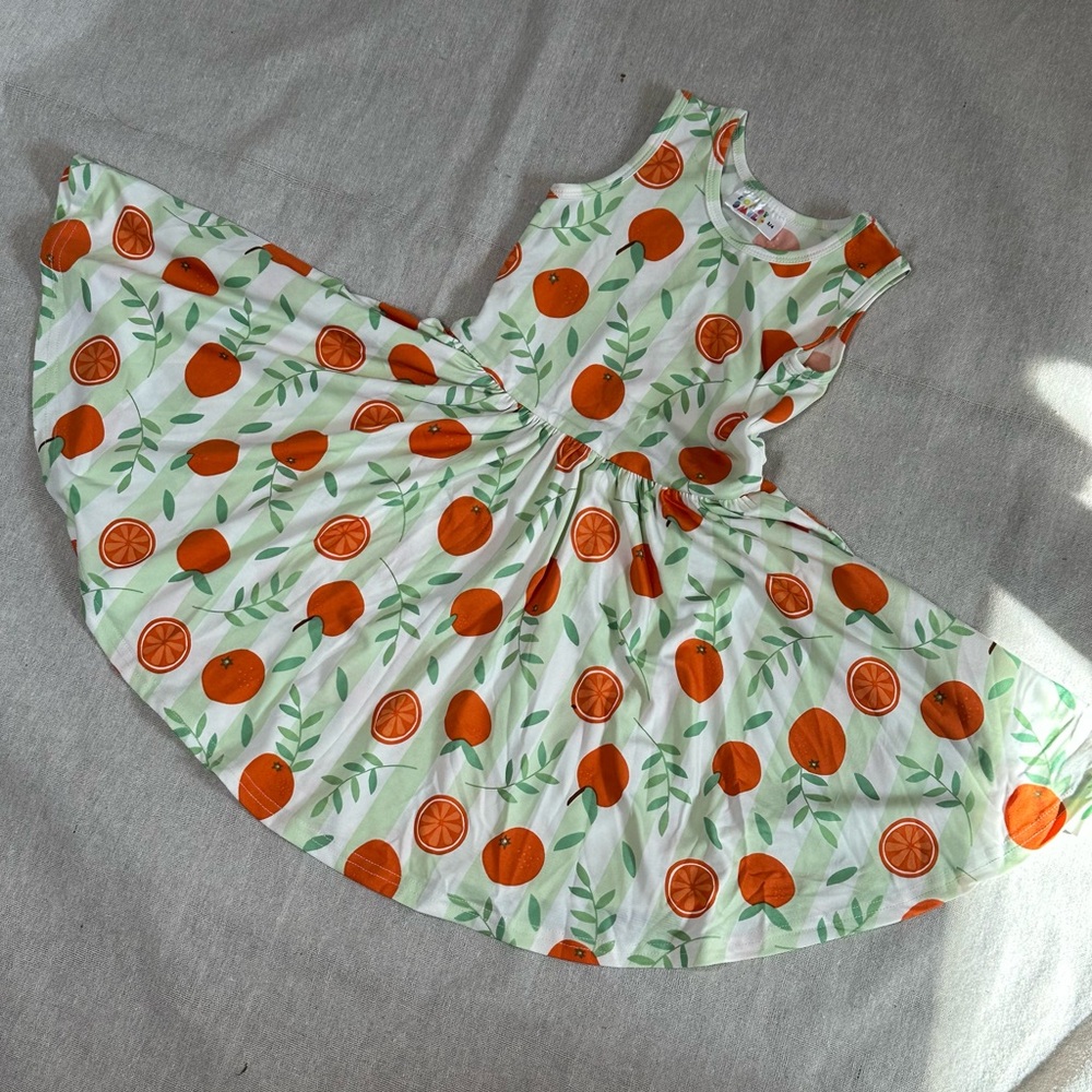 DOT DOT SMILE Fruity Spring Orange Green Striped Dress Girls Size 3-4 Toddler
